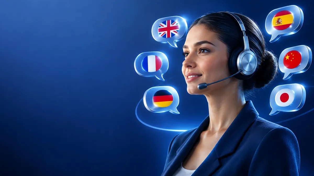 Petugas memakai headset dengan gelembung percakapan bergambar bendera beberapa negara