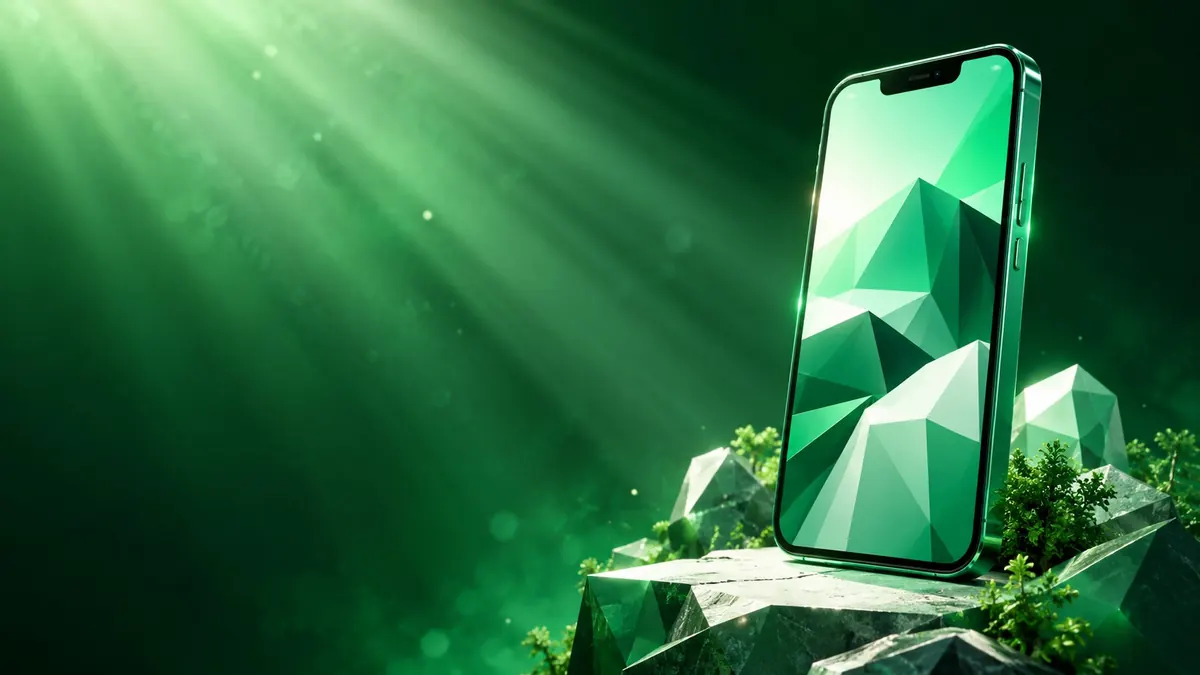 Ikon ponsel tiga dimensi bergaya low-poly dengan cahaya hijau