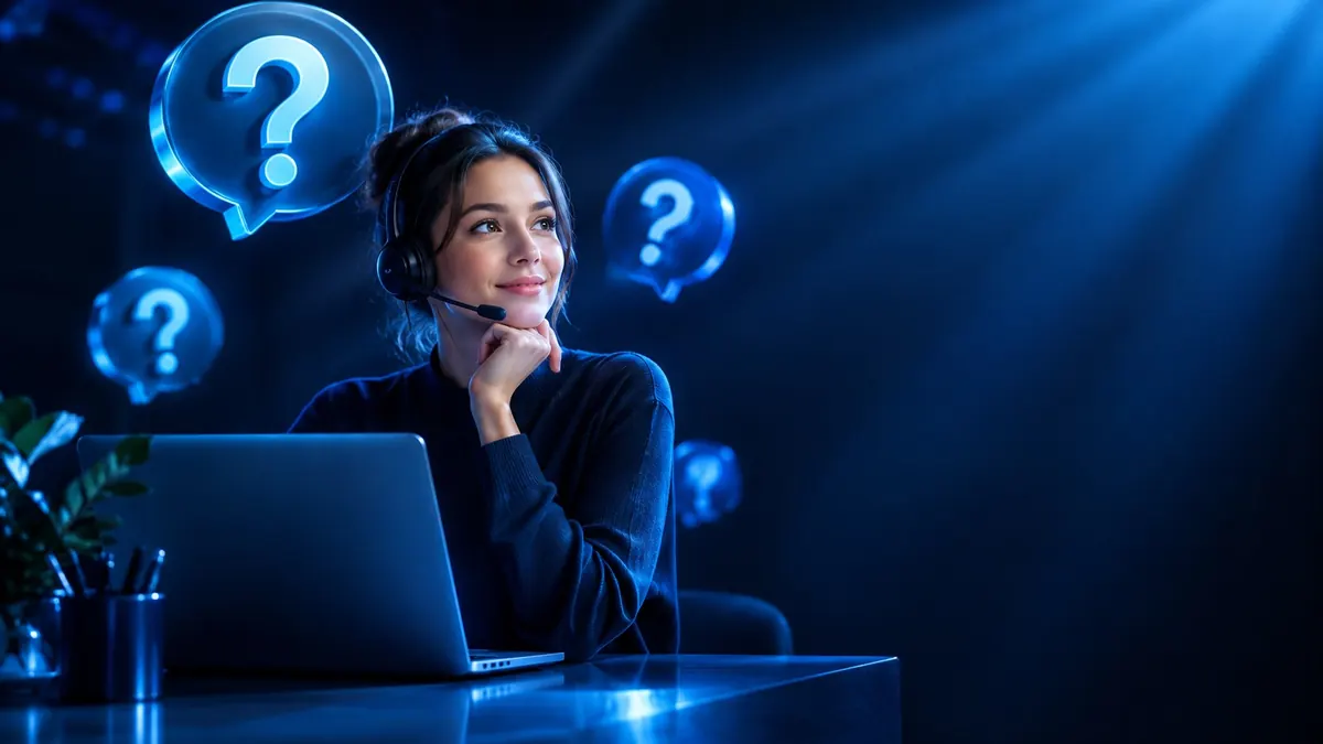 Perempuan di depan laptop dengan ikon tanda tanya melayang di sekitarnya