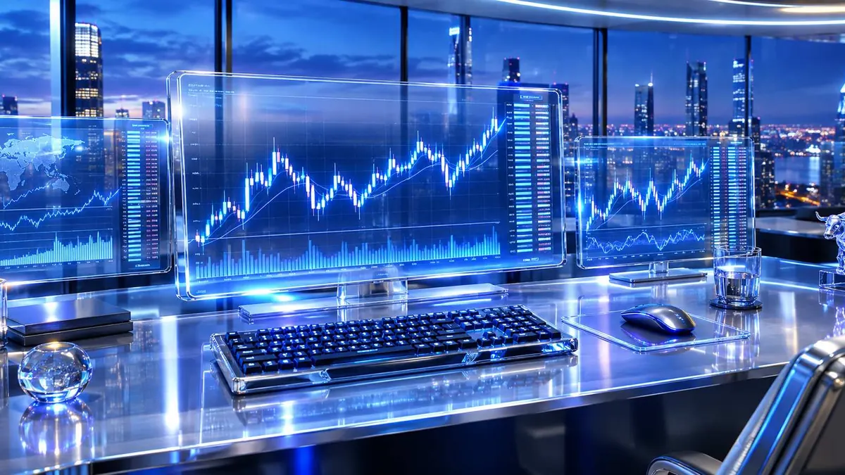 Meja kerja trader dengan papan ketik, tetikus, dan layar grafik harga berwarna biru