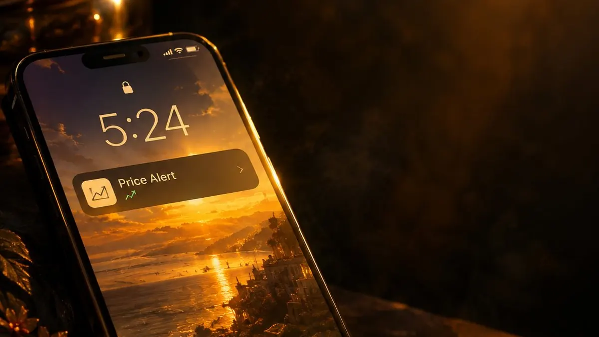 Ponsel di meja dengan notifikasi harga di layar kunci dan cahaya jingga